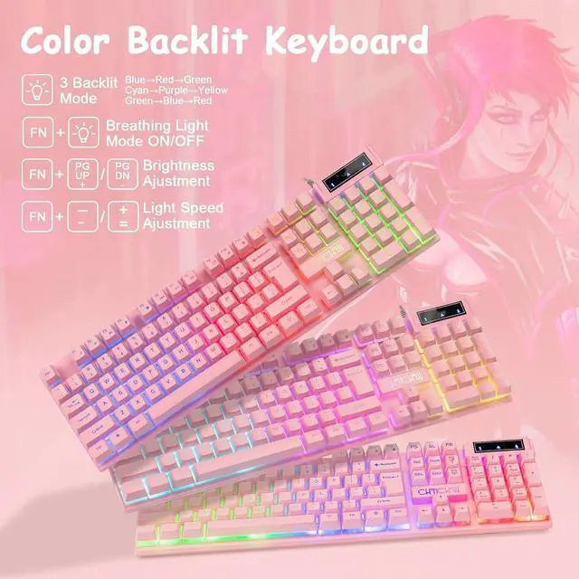 Alt view image 2 of 7 - CHONCHOW Pink Keyboard and Mouse Combo with Backlit, Function Keys, 19 Keys Anti-ghosting for Gamer on PC Laptop Computer Mac PS4 Xbox, Cute Wired Light Up Gaming Keyboard & RGB Mouse for Girl Women