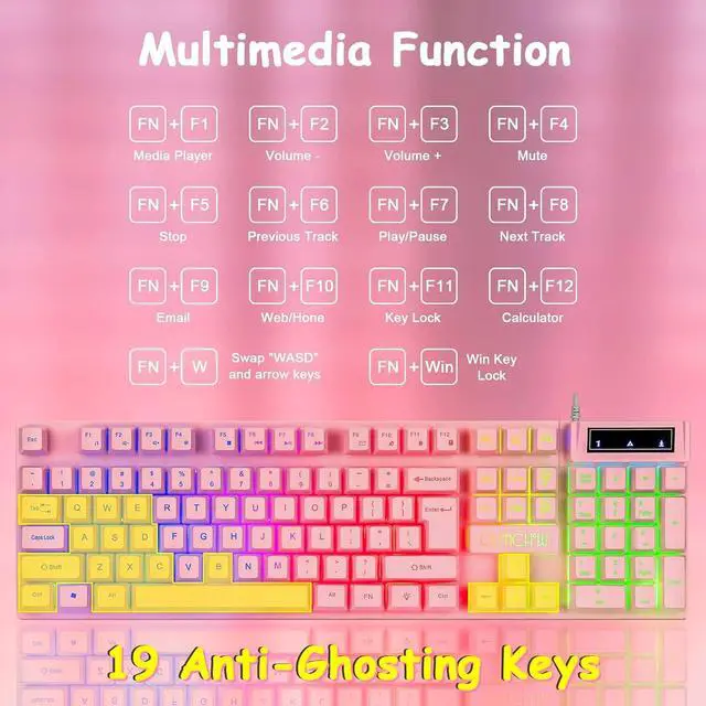 Alt view image 3 of 7 - CHONCHOW Pink Keyboard and Mouse Combo with Backlit, Function Keys, 19 Keys Anti-ghosting for Gamer on PC Laptop Computer Mac PS4 Xbox, Cute Wired Light Up Gaming Keyboard & RGB Mouse for Girl Women