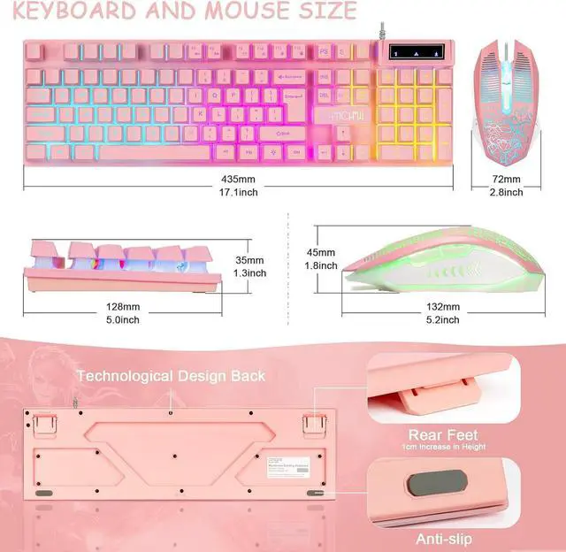 Alt view image 5 of 7 - CHONCHOW Pink Keyboard and Mouse Combo with Backlit, Function Keys, 19 Keys Anti-ghosting for Gamer on PC Laptop Computer Mac PS4 Xbox, Cute Wired Light Up Gaming Keyboard & RGB Mouse for Girl Women
