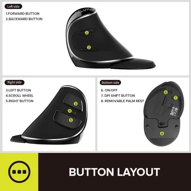 Alt view image 7 of 7 - DeLUX Wireless Ergonomic Vertical Mouse - 2.4G with USB Receiver, Silent Clicks, 1600 DPI, 6 Buttons, Removable Wrist Rest, for Laptop PC (M618Plus Wireless-Black)