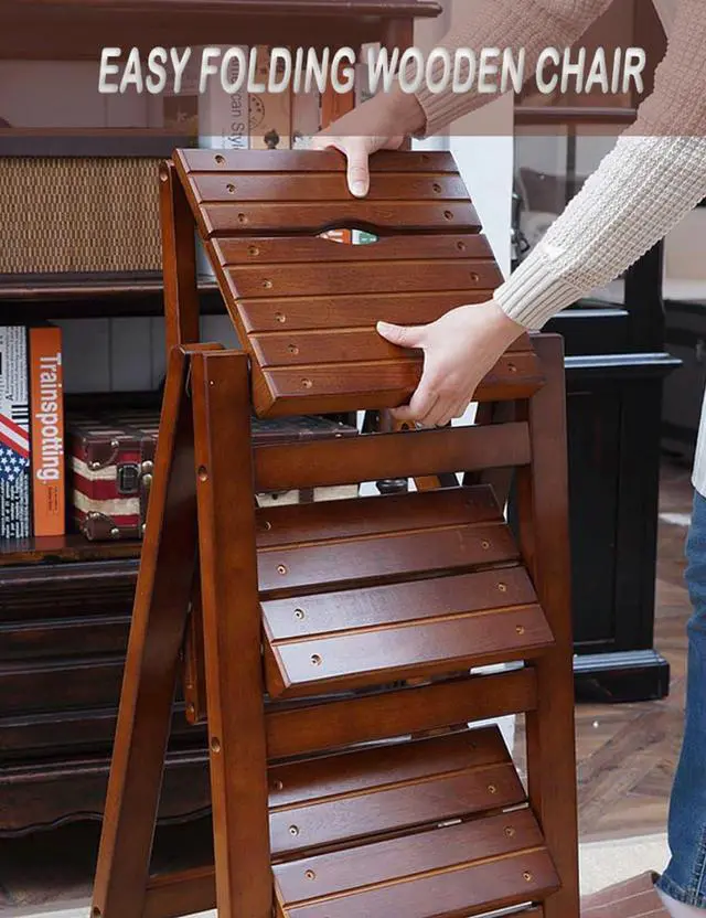 Alt view image 4 of 7 - 3 Step Stool Wooden Folding Ladder Chair Thickened Library Stair Chair Portable Light Garden Tool Ladder Maximum Load 337bl