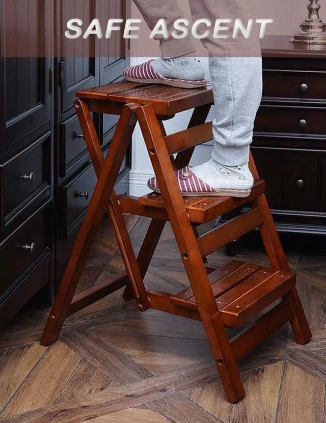 Alt view image 3 of 7 - 3 Step Stool Wooden Folding Ladder Chair Thickened Library Stair Chair Portable Light Garden Tool Ladder Maximum Load 337bl