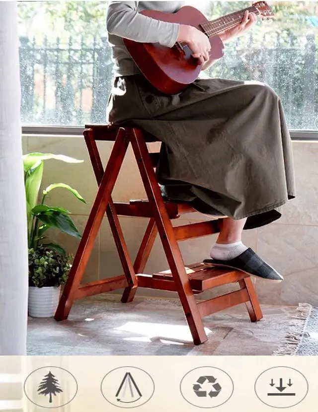 Alt view image 7 of 7 - 3 Step Stool Wooden Folding Ladder Chair Thickened Library Stair Chair Portable Light Garden Tool Ladder Maximum Load 337bl