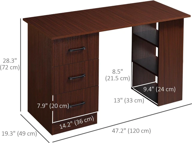 Alt view image 3 of 7 - HOMCOM Computer Desk with 3-Tier Storage Shelves, 47 Inches Home Office Desk with Drawers, Study Writing Table, Walnut