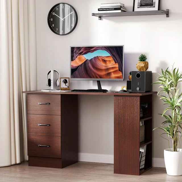 Alt view image 2 of 7 - HOMCOM Computer Desk with 3-Tier Storage Shelves, 47 Inches Home Office Desk with Drawers, Study Writing Table, Walnut