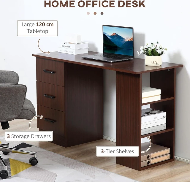 Alt view image 4 of 7 - HOMCOM Computer Desk with 3-Tier Storage Shelves, 47 Inches Home Office Desk with Drawers, Study Writing Table, Walnut