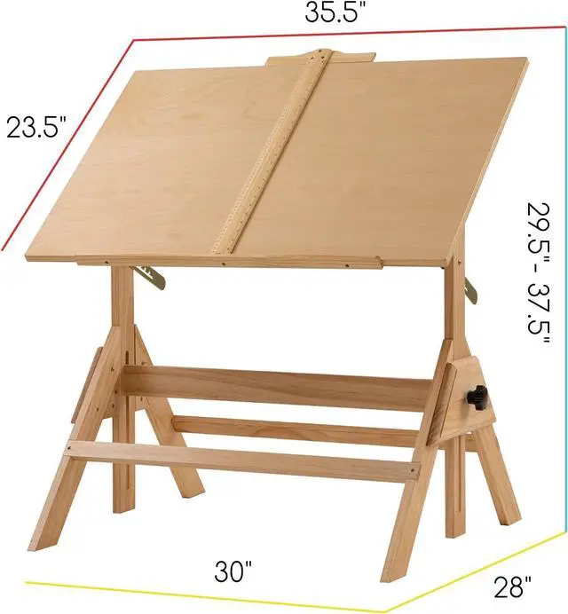 Alt view image 3 of 6 - MEEDEN Solid Wood Drafting Table, Artist Drawing Desk, Writing Desk Studio Desk, Art Craft Table with Adjustable Height and Tiltable Tabletop for Artwork, Graphic Design, Reading
