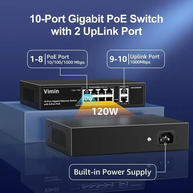 Alt view image 2 of 7 - VIMIN 8 Port Gigabit PoE Switch with 2 Uplink Gigabit Ports, 10 Port Unmanaged Ethernet PoE Switch with 120W Power, Support IEEE802.3af/at, VLAN, Metal Housing, Desktop or Wall-Mount, Plug & Play