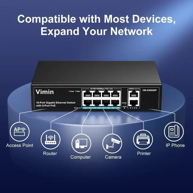 Alt view image 3 of 7 - VIMIN 8 Port Gigabit PoE Switch with 2 Uplink Gigabit Ports, 10 Port Unmanaged Ethernet PoE Switch with 120W Power, Support IEEE802.3af/at, VLAN, Metal Housing, Desktop or Wall-Mount, Plug & Play