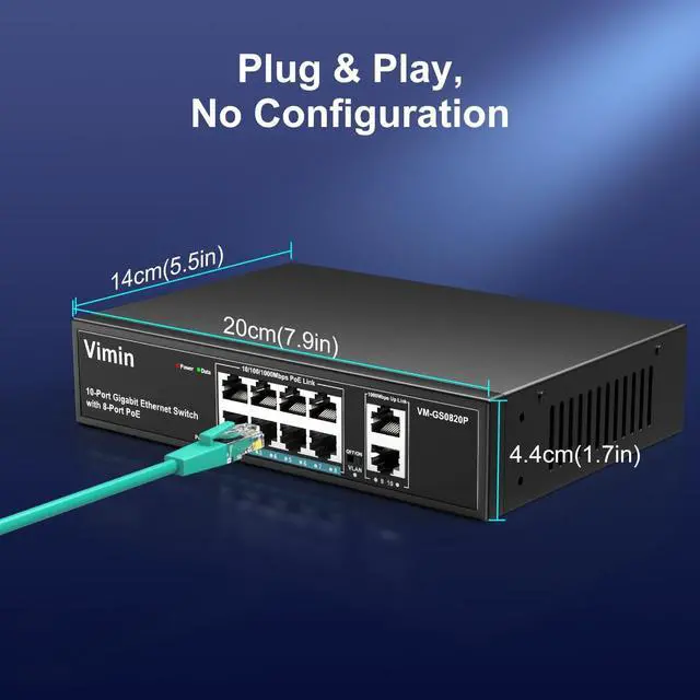 Alt view image 5 of 7 - VIMIN 8 Port Gigabit PoE Switch with 2 Uplink Gigabit Ports, 10 Port Unmanaged Ethernet PoE Switch with 120W Power, Support IEEE802.3af/at, VLAN, Metal Housing, Desktop or Wall-Mount, Plug & Play