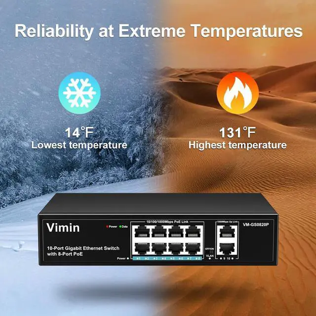 Alt view image 7 of 7 - VIMIN 8 Port Gigabit PoE Switch with 2 Uplink Gigabit Ports, 10 Port Unmanaged Ethernet PoE Switch with 120W Power, Support IEEE802.3af/at, VLAN, Metal Housing, Desktop or Wall-Mount, Plug & Play