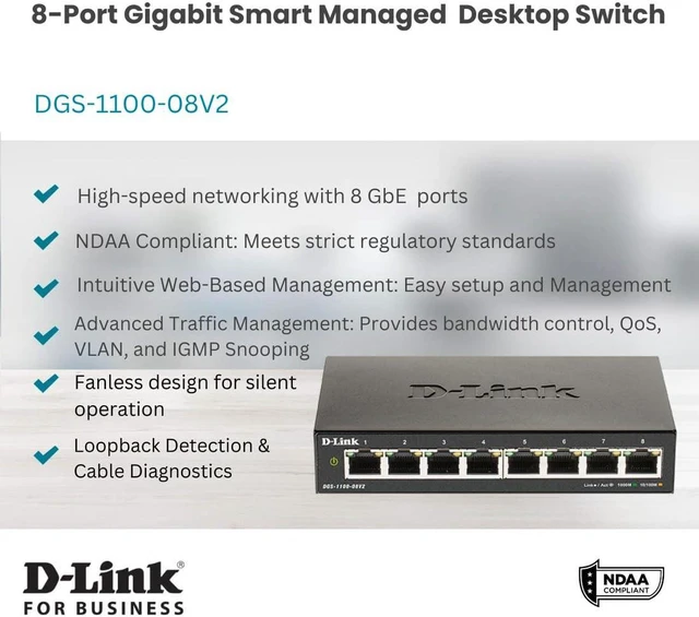 Alt view image 2 of 6 - D-Link 8-Port Gigabit Smart Managed Switch | 8 GbE Ports | L2 | VLANs | Cable Diagnostics | Web Managed | Desktop| Fanless | NDAA Compliant | Lifetime Warranty (DGS-1100-08V2)