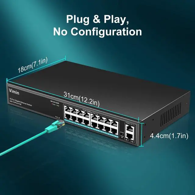 Alt view image 5 of 7 - 16 Port Gigabit PoE Switch with 2 Uplink Gigabit Ports, VIMIN 18 Port Unmanaged Ethernet PoE Switch with 250W Power, Support IEEE802.3af/at, VLAN, Metal Housing, 19 inch Rack-Mount, Plug & Play