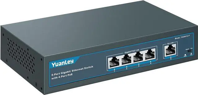 Main image of YuanLey 5 Port Gigabit PoE Switch with 4 Port PoE+ 1000Mbps, 802.3af/at 78W Built-in Power, Fanless Metal Unmanaged Plug & Play
