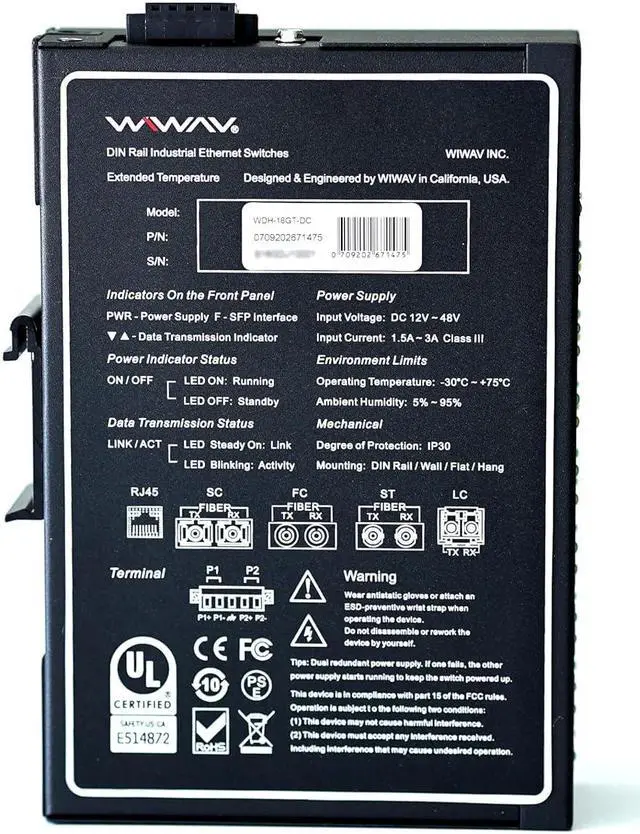 Alt view image 2 of 5 - WIWAV WDH-16GT-DC 10/100/1000Mbps Unmanaged 16-Port Gigabit Industrial Ethernet Switches with DIN Rail/Wall-Mount (cUL Listed, Fanless, -30°C~75°C)
