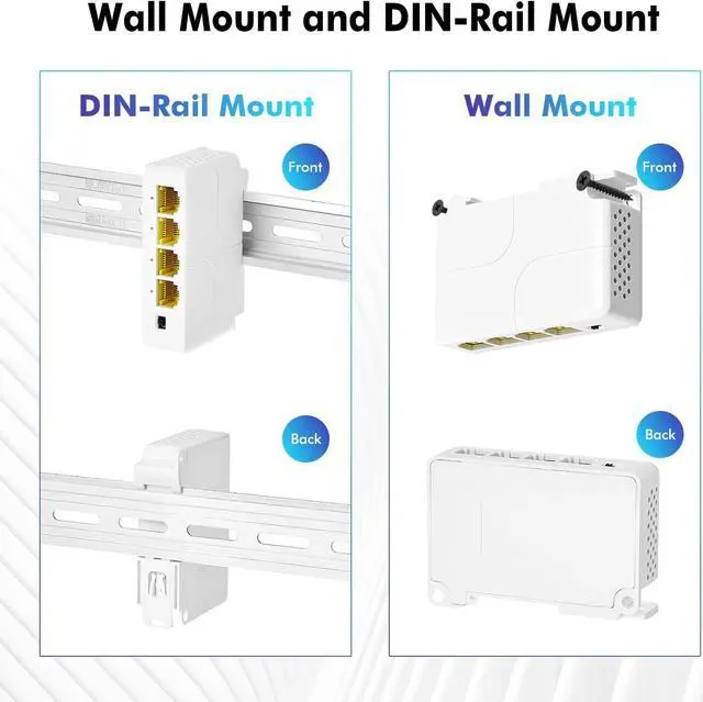 Alt view image 5 of 7 - MokerLink 4 Port Gigabit PoE Extender, IEEE 802.3 af/at PoE Repeater, 10/100/1000Mbps, 1 PoE in 3 PoE Out, Wall & Din Rail Mount POE Passthrough Switch