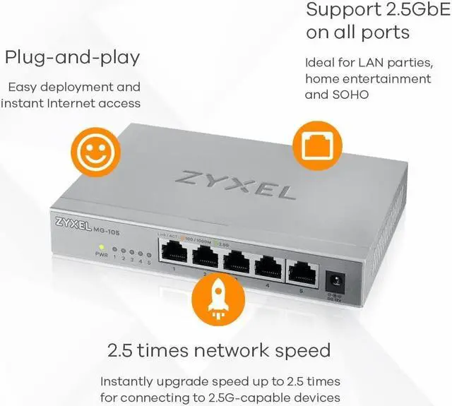 Alt view image 5 of 7 - Zyxel 5-Port 2.5Gb MultiGig Ethernet Unmanaged Switch | 5 x 100/1G/2.5G Ports | Plug & Play | Metal Housing | Desktop or Wall-Mount | Ethernet Splitter MG-105