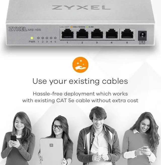 Alt view image 7 of 7 - Zyxel 5-Port 2.5Gb MultiGig Ethernet Unmanaged Switch | 5 x 100/1G/2.5G Ports | Plug & Play | Metal Housing | Desktop or Wall-Mount | Ethernet Splitter MG-105
