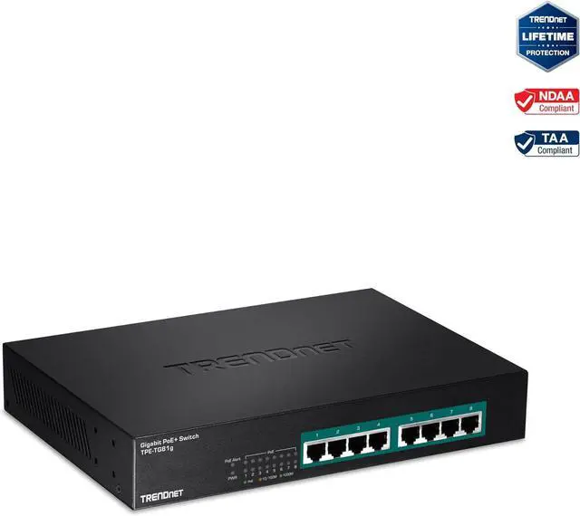 Alt view image 4 of 4 - TRENDnet 8-Port Gigabit GREENnet PoE+ Switch, TPE-TG81g, 8 x Gigabit PoE+ Ports, Rack Mountable, Up to 30 W Per Port with 110 W Total Power Budget, Ethernet Network Switch, Metal, Lifetime Protection