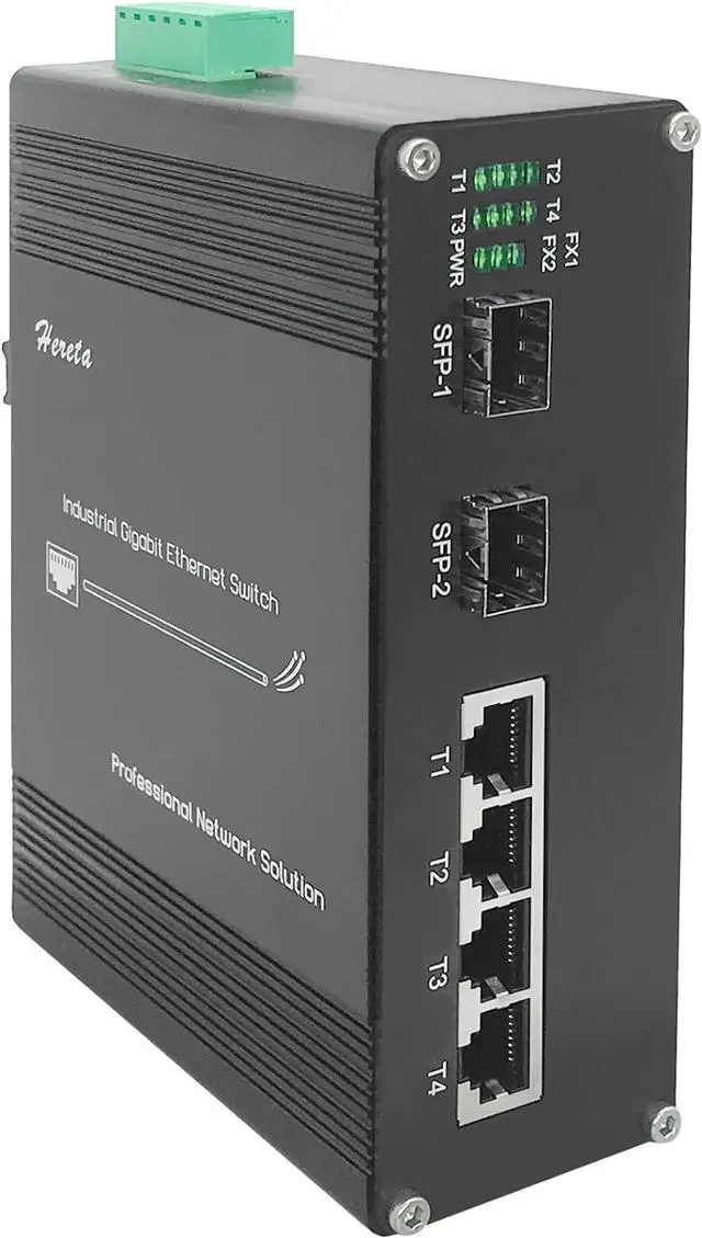 Main image of Hereta Hardened Industrial Gigabit PoE+ Switch Mini 6 Ports Compact Ethernet Switch 4 Ports PoE (30W per Port) 10/100/1000Base-T & 2 Ports 1000Base-X SFP 48VDC Wide Power Input