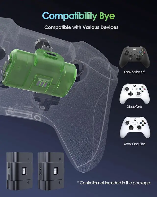 Alt view image 2 of 6 - Rechargeable Xbox Controller Battery Pack, Play & Charge Kit for Xbox One/Xbox Series X|S - 40H Playtime, 2.5H Full Charge, with Cover & Charging Cable, Xbox Accessories for Xbox One S/One X/One Elite