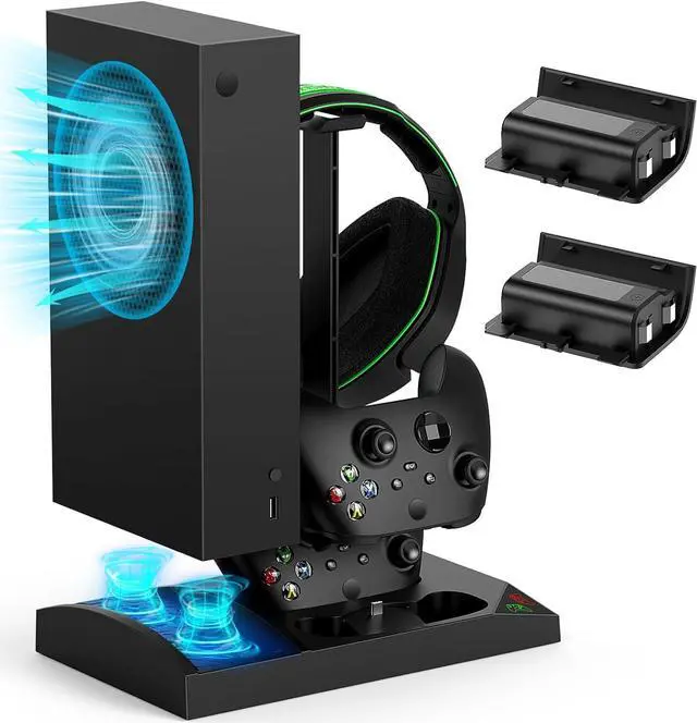 Main image of Charger Stand with Cooling Fan for Xbox Series S Console and Controller,Vertical Dual Charging Dock Accessories with 2 x 1400mAh Rechargeable Battery and Cover, Earphone Bracket for XSS(Black)