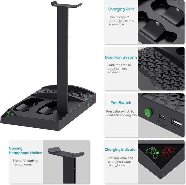 Alt view image 2 of 7 - Charger Stand with Cooling Fan for Xbox Series S Console and Controller,Vertical Dual Charging Dock Accessories with 2 x 1400mAh Rechargeable Battery and Cover, Earphone Bracket for XSS(Black)