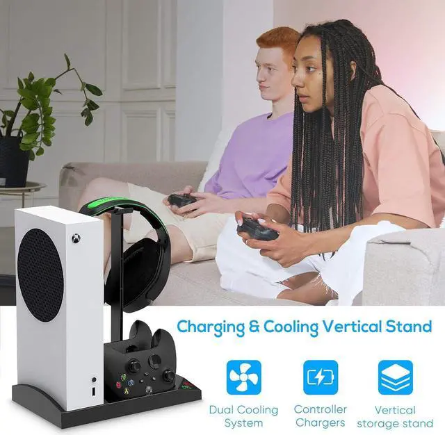 Alt view image 7 of 7 - Charger Stand with Cooling Fan for Xbox Series S Console and Controller,Vertical Dual Charging Dock Accessories with 2 x 1400mAh Rechargeable Battery and Cover, Earphone Bracket for XSS(Black)