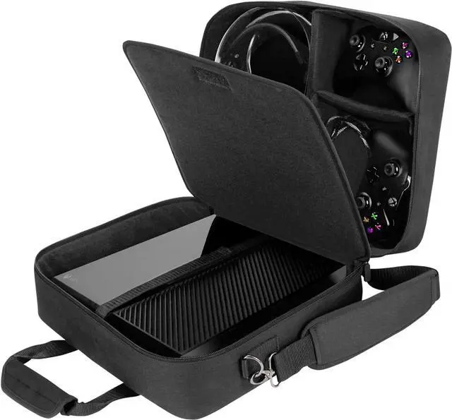 Main image of USA GEAR Game Console Carrying Case Compatible with All Xbox and PS models - Accessory Storage for Controllers, Cables, Headsets and Padded Shoulder Strap - Black