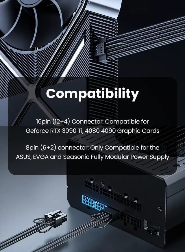 Alt view image 6 of 7 - Fasgear PCIe 5.0 GPU Power Cable Sleeved 70cm | 16pin (12+4) 12VHPWR Connector for RTX 3090 Ti 4080 4090 | 3x8pin (6+2) PCI-e Male Plugs Compatible for ASUS EVGA Seasonic Modular Power Supply (Black)