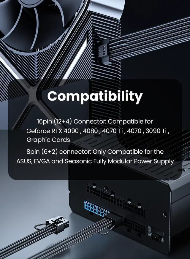 Alt view image 6 of 6 - Fasgear PCIe 5.0 Power Cable 70cm - 16pin (12+4) 12VHPWR Connector for RTX 4070 4080 4090 to 2x8pin (6+2) PCI-e Male Plugs GPU Sleeved Cord Compatible for ASUS EVGA Seasonic Fully Modular Power Supply