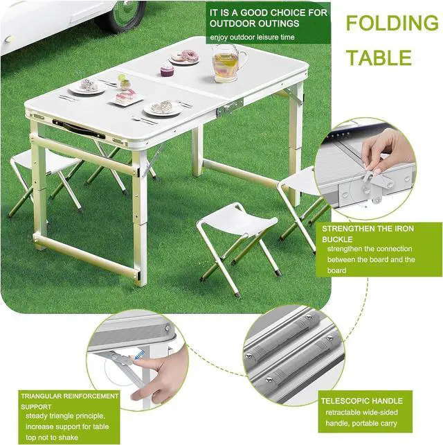 Alt view image 3 of 7 - Folding Table 4FT, Camping Table Adjustable Height with Carry Handle, Portable Lightweight Picnic Table Easy to Carry and Set Up, Collapsible Dining Table Suitable for Indoor Outdoor BBQ