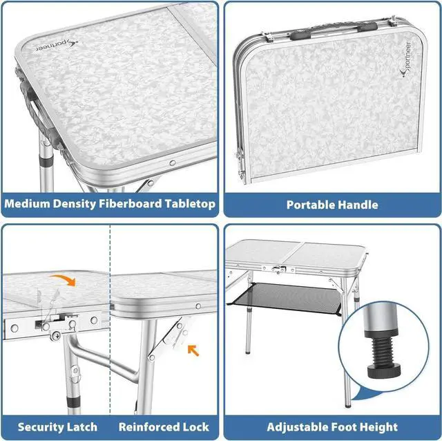 Alt view image 6 of 7 - Sportneer Small Folding Table 2ft, 3 Adjustable Height Folding Camping Table with Mesh Layer Portable Aluminum Camping Tables Lightweight Folding Camp Tables Outdoor Table for Picnic Beach BBQ Cooking