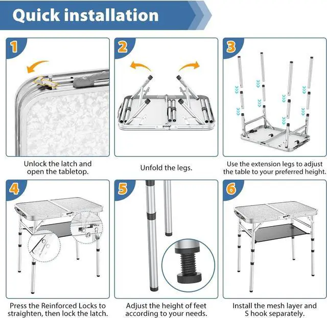 Alt view image 7 of 7 - Sportneer Small Folding Table 2ft, 3 Adjustable Height Folding Camping Table with Mesh Layer Portable Aluminum Camping Tables Lightweight Folding Camp Tables Outdoor Table for Picnic Beach BBQ Cooking