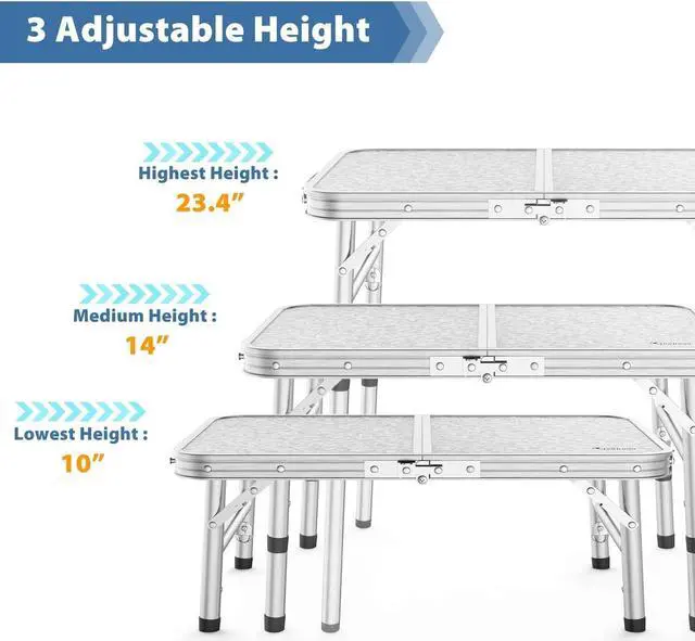 Alt view image 5 of 7 - Sportneer Small Folding Table 2ft, 3 Adjustable Height Folding Camping Table with Mesh Layer Portable Aluminum Camping Tables Lightweight Folding Camp Tables Outdoor Table for Picnic Beach BBQ Cooking
