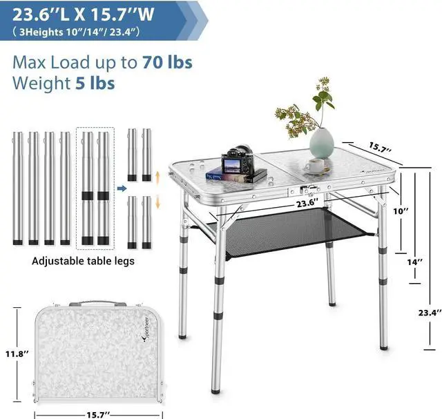 Alt view image 3 of 7 - Sportneer Small Folding Table 2ft, 3 Adjustable Height Folding Camping Table with Mesh Layer Portable Aluminum Camping Tables Lightweight Folding Camp Tables Outdoor Table for Picnic Beach BBQ Cooking