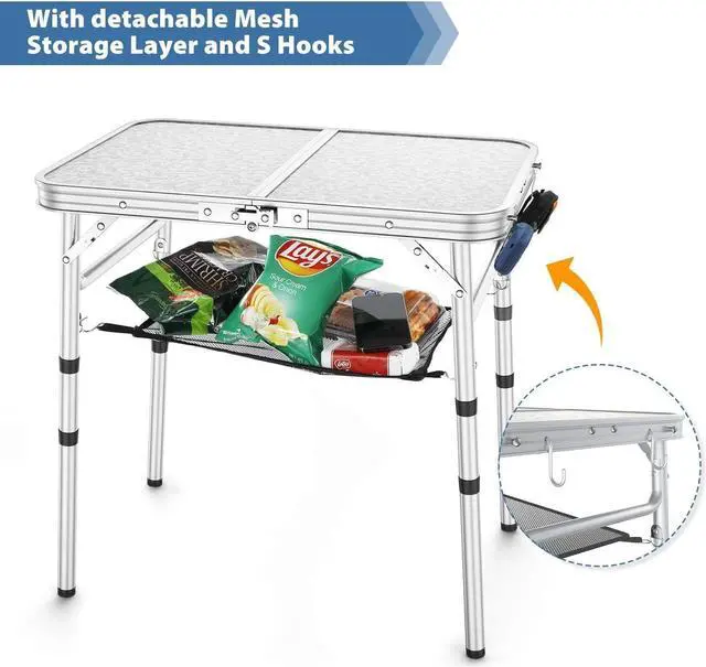 Alt view image 4 of 7 - Sportneer Small Folding Table 2ft, 3 Adjustable Height Folding Camping Table with Mesh Layer Portable Aluminum Camping Tables Lightweight Folding Camp Tables Outdoor Table for Picnic Beach BBQ Cooking
