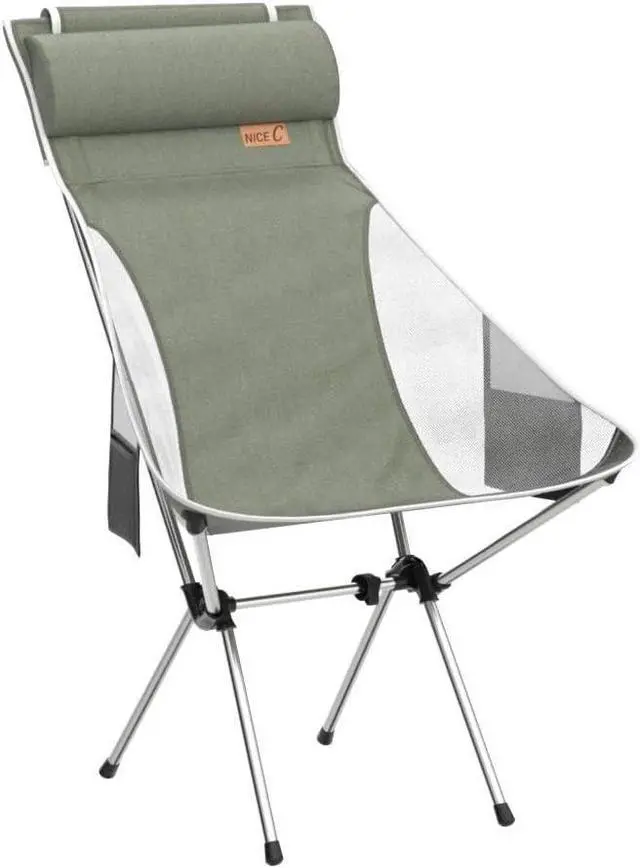Alt view image 5 of 7 - Nice C Camping Chair, Chaise Camping, Folding Chair High Back, Backpacking Chair, Compact & Heavy Duty Outdoor, Travel, Picnic, Festival with 2 Side Pockets, Pillow &Carry Bag (Set of 2 Olive)
