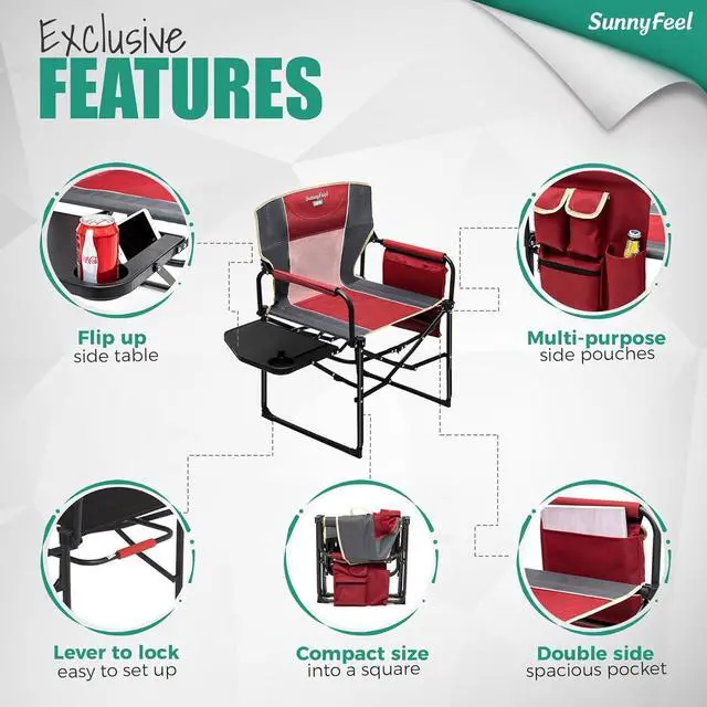 Alt view image 5 of 7 - SunnyFeel Camping Director Chair, Portable Folding Chair with Side Table and Storage Pouches, Compact Heavy Duty for Adults Outdoor (Red)