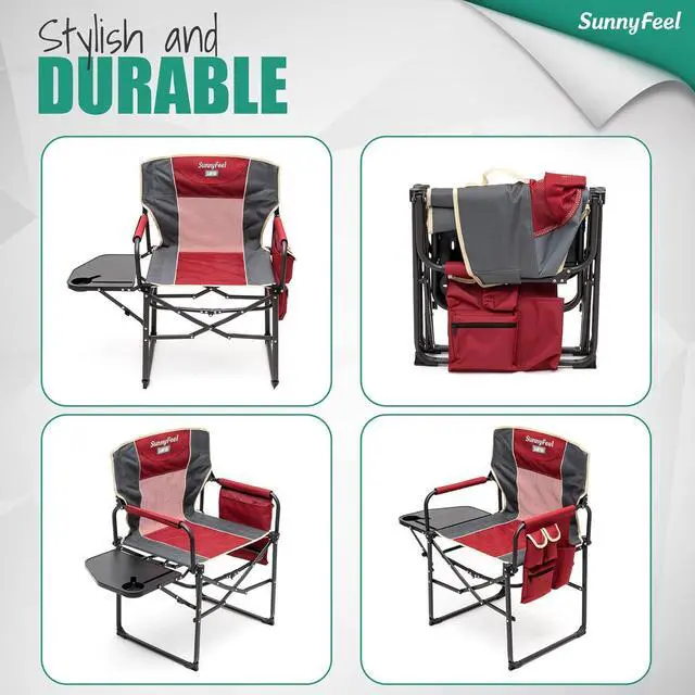 Alt view image 7 of 7 - SunnyFeel Camping Director Chair, Portable Folding Chair with Side Table and Storage Pouches, Compact Heavy Duty for Adults Outdoor (Red)