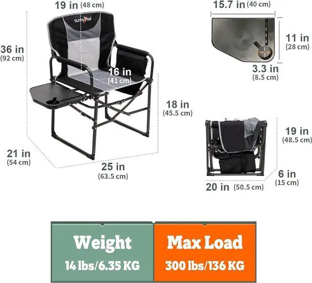 Alt view image 3 of 7 - SunnyFeel Camping Director Chair, Portable Folding Chair with Side Table and Storage Pouches, Compact Heavy Duty for Adults Outdoor (Black)