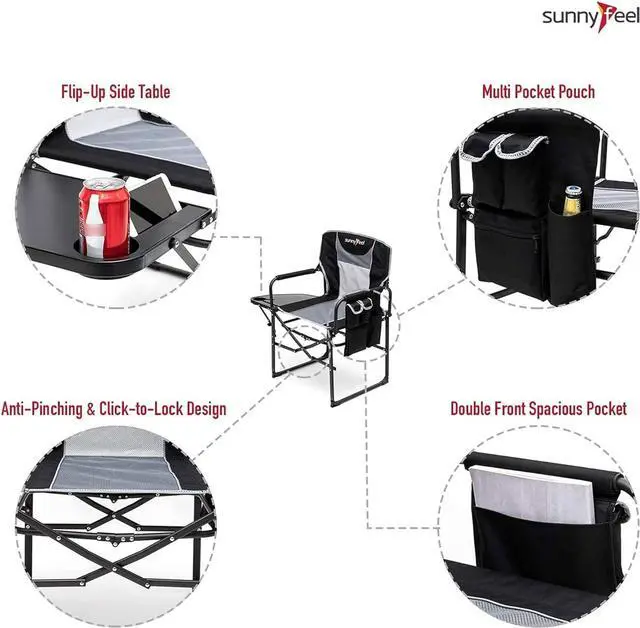 Alt view image 4 of 7 - SunnyFeel Camping Director Chair, Portable Folding Chair with Side Table and Storage Pouches, Compact Heavy Duty for Adults Outdoor (Black)