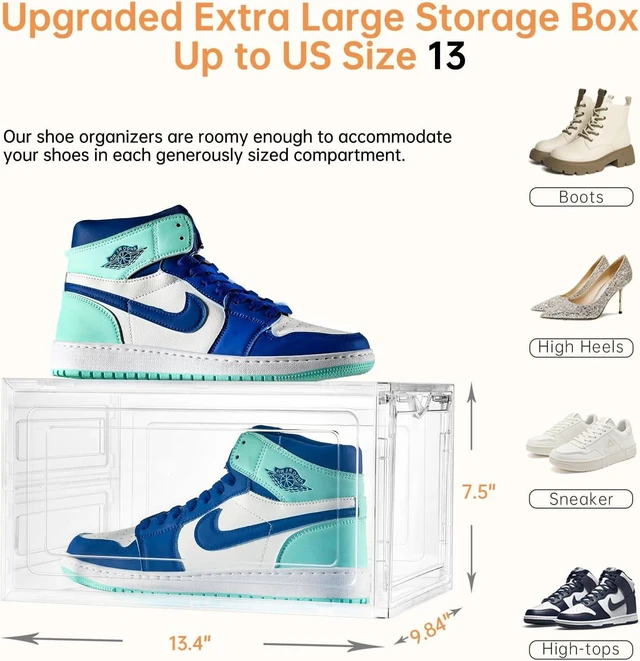Alt view image 4 of 7 - Clemate Upgraded X-Large Shoe Storage Box,8 Pack,Shoe Box Clear Plastic Stackable,Drop Front Shoe Box with Clear Door,Shoe Organizer and Shoe Containers For Sneaker Display,Fit up to US Size13