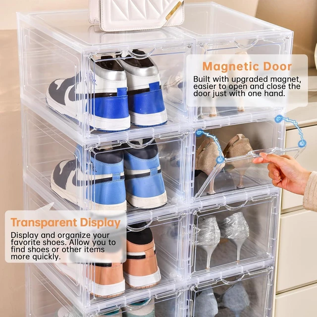 Alt view image 6 of 7 - Clemate Upgraded X-Large Shoe Storage Box,8 Pack,Shoe Box Clear Plastic Stackable,Drop Front Shoe Box with Clear Door,Shoe Organizer and Shoe Containers For Sneaker Display,Fit up to US Size13