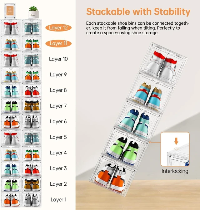 Alt view image 7 of 7 - Clemate Upgraded X-Large Shoe Storage Box,8 Pack,Shoe Box Clear Plastic Stackable,Drop Front Shoe Box with Clear Door,Shoe Organizer and Shoe Containers For Sneaker Display,Fit up to US Size13