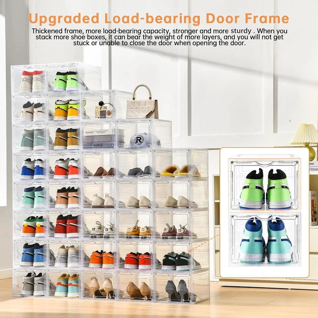 Alt view image 5 of 7 - Clemate Upgraded X-Large Shoe Storage Box,8 Pack,Shoe Box Clear Plastic Stackable,Drop Front Shoe Box with Clear Door,Shoe Organizer and Shoe Containers For Sneaker Display,Fit up to US Size13