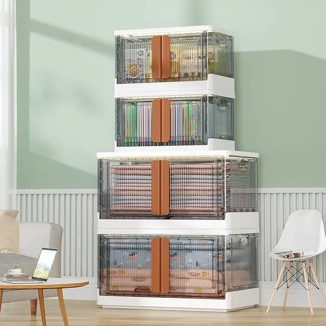 Alt view image 4 of 6 - Storage Bins with Lids - Collapsible Storage Bins, Clear Black Wardrobe Closet Organizer, 19 Gal Stackable Box, Foldable Plastic Storage Container with Door, Crate for Book Storage (3 Pack)