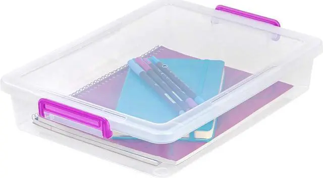Alt view image 2 of 6 - IRIS USA 5.7L (6 US Qt) Medium Plastic Storage Bins with Secure Buckles and Portable Handle, 6-Pack, Organizer Container Box for Stationery Craft Beauty and Household Supplies, Clear/Violet
