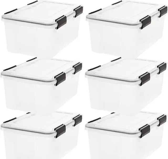 Main image of IRIS USA 18 L (19 US Qt) WEATHERPRO Plastic Storage Box with Durable Lid and Seal and Secure Latching Buckles, 6 Pack, Keep Dust and Moisture Out, Clear/Black