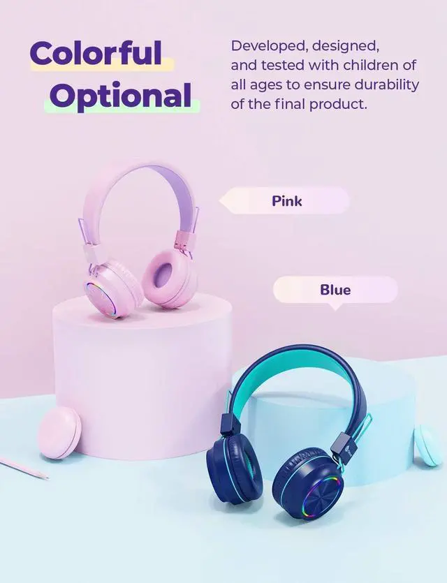 Alt view image 6 of 6 - [2 Pack] iClever BTH03 Kids Wireless Headphones - Colorful Lights Headphones for Kids with MIC, Volume Control Online Schooling - Children Headsets on Ear for School iPad Tablet Airplane, Blue/Pink